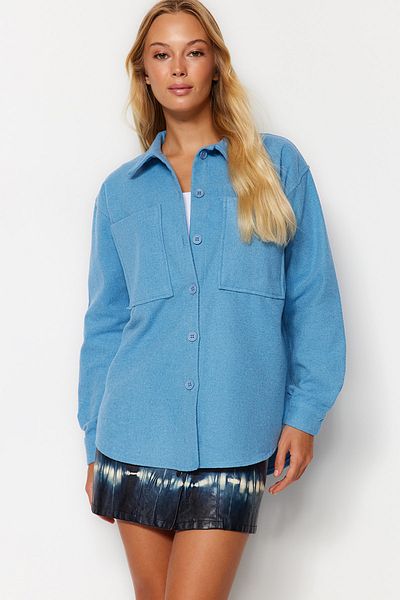 Trendyol Collection Cămașă țesută cu cusătură, cu buzunare dublu, albastră, oversize/Wide Fit TWOAW23GO00356