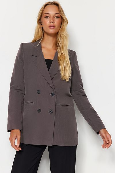 Trendyol Collection Tmavě hnědá regulérní lemovaná bunda se zapínáním na tkané sako TWOAW23BC00017