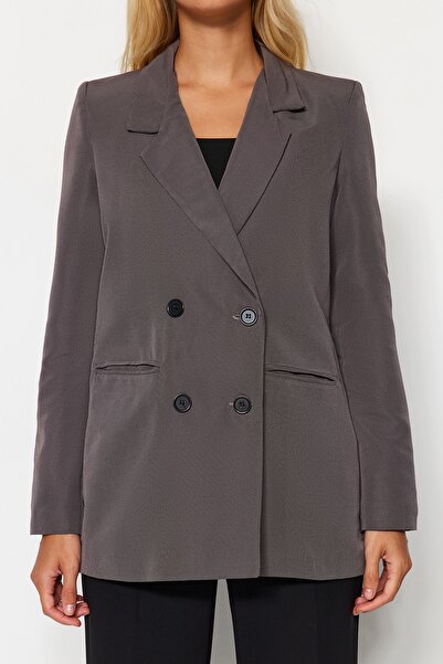 Trendyol Collection Tmavě hnědá regulérní lemovaná bunda se zapínáním na tkané sako TWOAW23BC00017