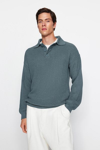 Trendyol Collection Unisex-Pullover in Petrol, Oversize-Passform, breite Passform, Polokragen, pillingfrei, Basic-Strickpullover TMNAW24KZ00000