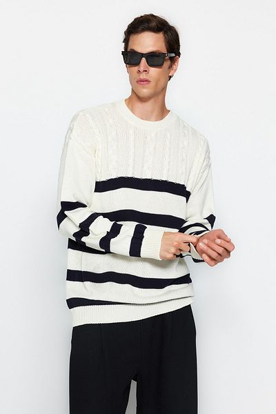 Trendyol Collection Ecru Unisex-Strickpullover in Übergröße – Haarstrick gestreift, kein Pilling – TMNAW24KZ00002