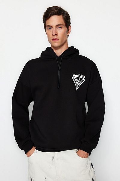 Trendyol Collection Φούτερ College Printed Black Fleece Oversize - 100% βαμβακερή κουκούλα TMNAW24SW00063