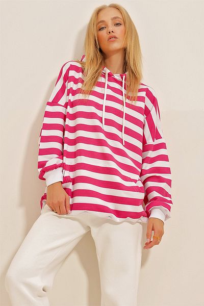 Trend Alaçatı Stili Women's Fuchsia Hooded Striped Oversize Sweatshirt ALC-X10797