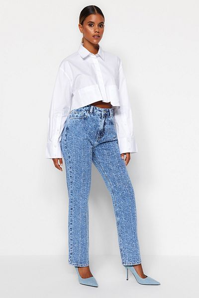 Trendyol Collection Blue Frayed High Waist Wide Leg Jeans TWOAW24JE00100