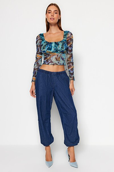 Trendyol Collection Blue Patterned Fitted Crop Tulle Stretchy Knitted Blouse TWOSS23BZ00301