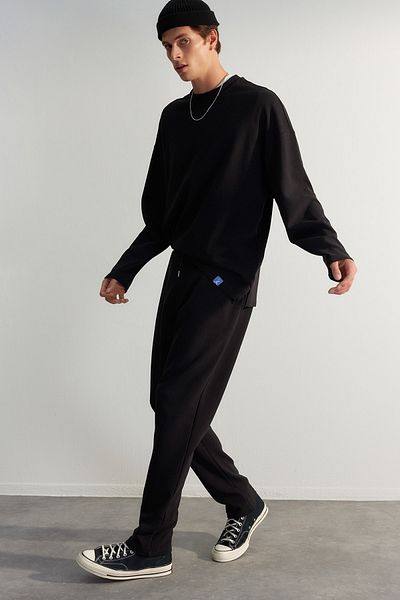 Trendyol Collection Premium Black Regular/Normal Fit 100% Cotton Textured Open Leg Sweatpants Tmnaw24Ea00007
