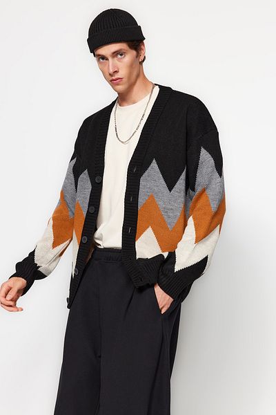 Trendyol Collection Μαύρη κανονική εφαρμογή Wide Fit Πολύχρωμη ζακέτα TMNAW22HI0484