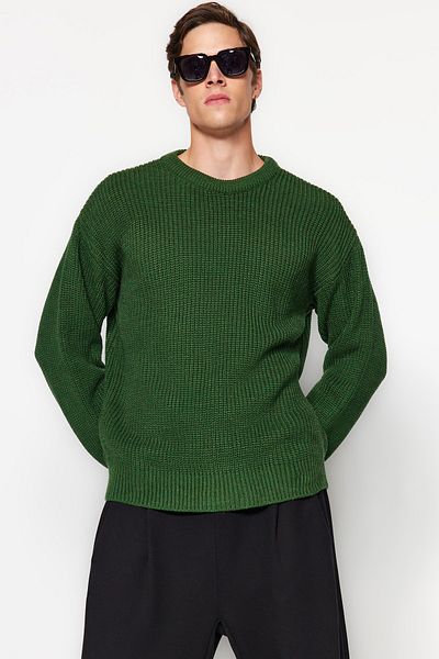 Trendyol Collection Übergroßer Khaki-Strickpullover – Rundhalsausschnitt, weite Passform TMNAW23KZ00189