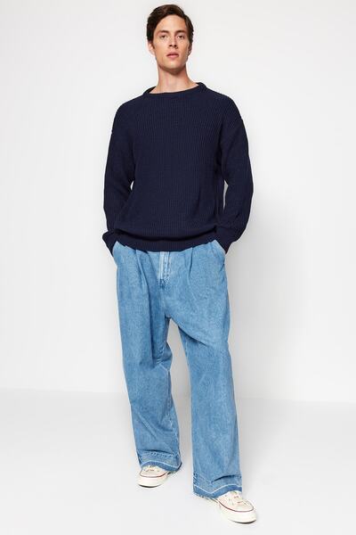 Trendyol Collection Sötétkék túlméretezett kötöttáru pulóver - bő nyakú TMNAW23KZ00189