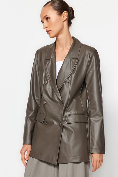 Trendyol Collection Anthrazitfarbene Blazerjacke aus Kunstleder mit normalem Futter und zweireihigem Verschluss, gewebt TWOAW21CE0156