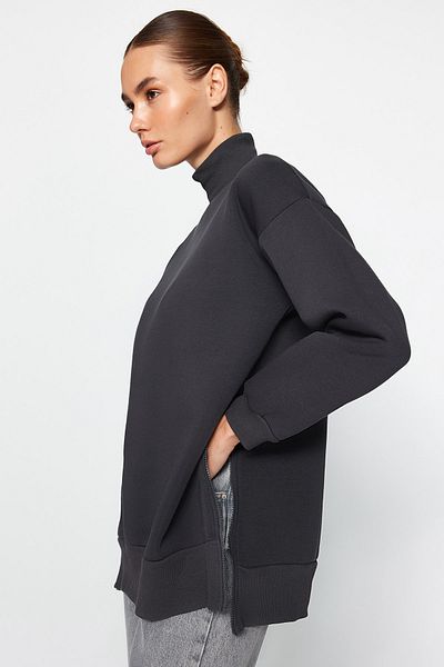 Trendyol Collection Antracitová oversize / Wide Fit stojáček na zip Silný vnitřek Fleecová pletená mikina TWOAW20SW0322