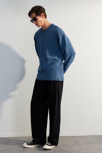 Trendyol Collection Modrá oversize texturovaná bavlněná mikina - limitovaná edice TMNAW24SW00073