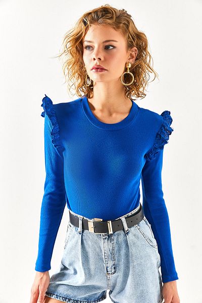Olalook Γυναικεία Saks Blue Shoulder Scallop Λεπτομερής μπλούζα από βαμβάκι Lycra BLZ-19002380