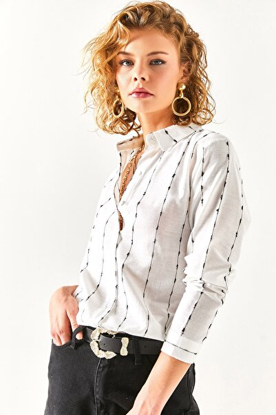 Olalook Kadın Beyaz Dikiş Detaylı Flamlı Keten Gömlek GML-19001144