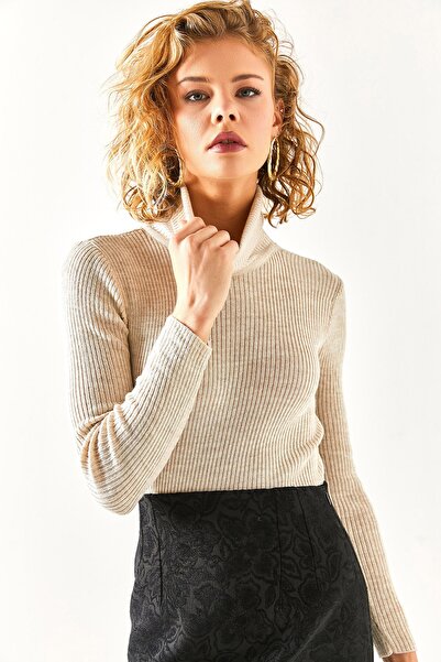 Olalook Women's Stone Full Fisherman Ribbed Lycra Knit Sweater KZK-19000602