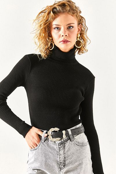 Olalook Pulover din tricot din lycra cu nervuri, negru, pentru femei, KZK-19000602