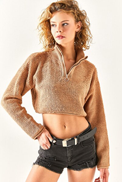 Olalook Γυναικείο πλεκτό φούτερ με απαλή υφή Camel με φερμουάρ KZK-19000605