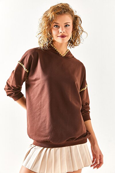 Olalook Women's Bitter Brown Stitching Detailed Soft Textured Sweatshirt SWT-19000618