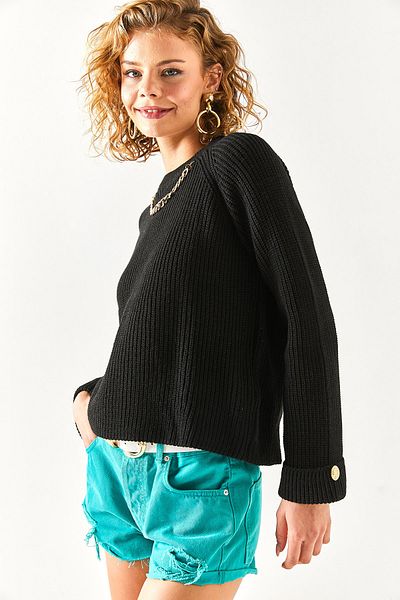 Olalook Pulover tricot cu mâneci raglan cu nasturi cu colier negru pentru femei KZK-19000609
