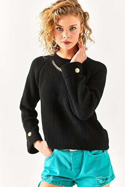 Olalook Women's Black Necklace Cuff Buttoned Raglan Sleeve Knitwear Sweater KZK-19000609