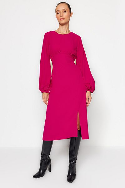Trendyol Collection Φούξια Μίντι Μήκος Ανοιχτό Μανίκι Υφαντό Φόρεμα - Λεπτομέρεια μανίκι μπαλόνι, TWOAW24EL00423