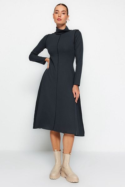 Trendyol Collection Anthracite Carioca Stitched A-Line/A-Line Formal Selanik/Knitwear Look Midi Knitted Dress TWOAW24EL00333