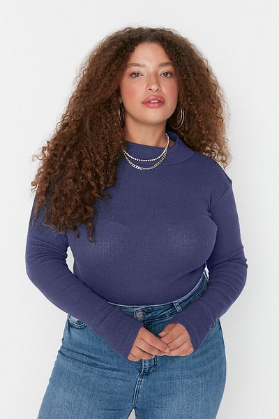 Trendyol Curve Námořnická modř límeček Bodycone/Přiléhavý na tělo Žebrovaná pletená halenka větší velikosti Tbbaw23Af00003