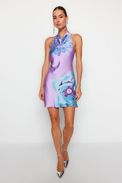 Trendyol Collection Stylish Floral Patterned Lace Collar Short Evening Dress - TPRSS23EL00581