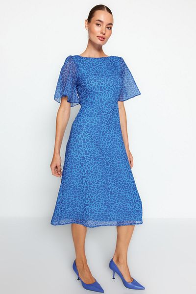 Trendyol Collection Navy Blue Animal Print A-line Angel Sleeve Lined Chiffon Midi Woven Dress TWOSS23EL01372