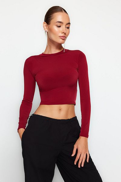 Trendyol Collection Bordó magas gallérral illeszkedő, hosszú ujjú, összehúzott rugalmas kötött blúz TWOAW23EL01391