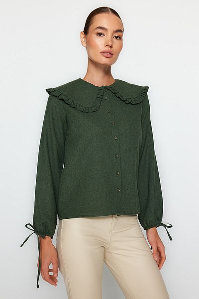 Trendyol Collection Sötét khaki nagy galléros részletes szőtt ing TWOAW21GO0677