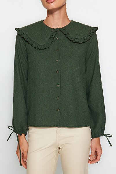 Trendyol Collection Dark Khaki Large Collar Detailed Woven Shirt TWOAW21GO0677