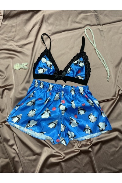 Eyes Underwear Penguen Baskılı Saten Şortlu Takım