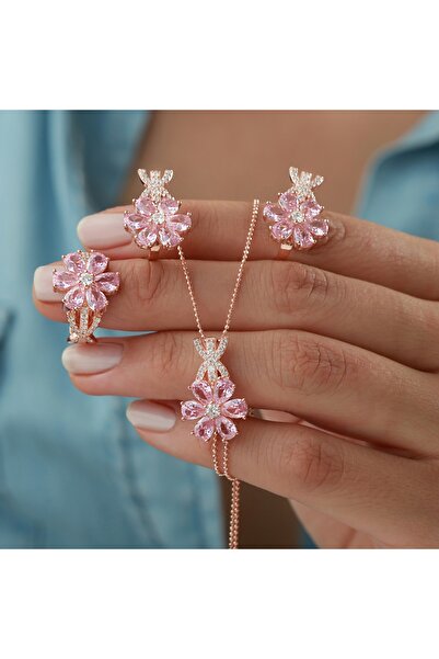 Şimal Silver 925 Ayar Gümüş Lotus Çiçeği Kolye-Küpe-Yüzük Set