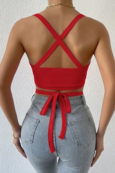 MADALİNA Women's Red Camisole Fabric Cross Strap Tie-Up Crop Top Blouse