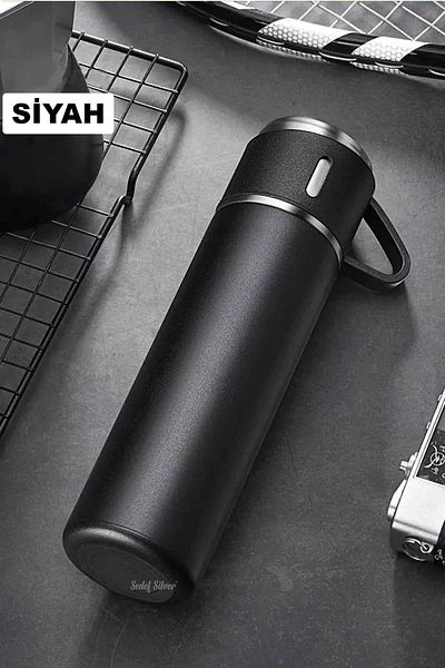 SEDEF SİLVER 304 Stainless Steel Vacuum Open Close Gasket Thermos Flask with Lid and Glass 450 ml 527