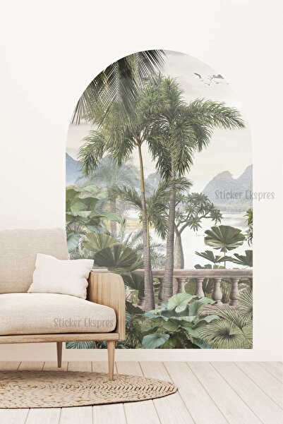 Sticker Ekspres Tropikal Manzara Palmiye Oval Arch Duvar Sticker