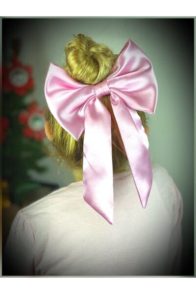 QUEEN AKSESUAR Large Luxury Satin Bow Pink Automatic Clip Buckle Women And Children
