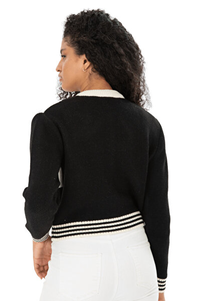Puella Black Geometric Shape Stone Buttoned Knitwear Cardigan