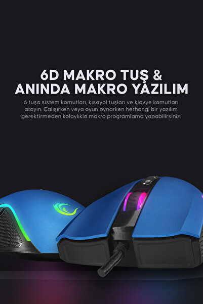Rampage Smx-r44 Makrolu Mavi 6400 Dpı Rgb Usb Drag Click Örgü Kablo Pro Gaming Oyuncu Mouse