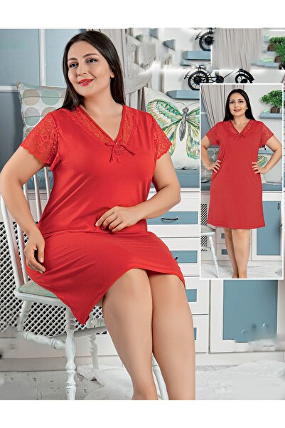 JENİKA Women's Red Plus Size Lace Collar Short Sleeve Nightgown