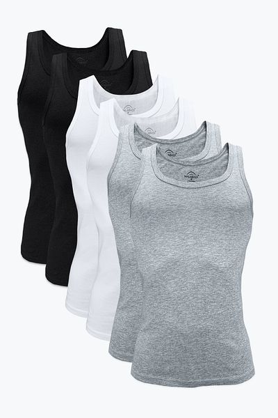 Malabadi Men's Black White Gray 6 Pack 100% Cotton Rib Tops 6M034-E