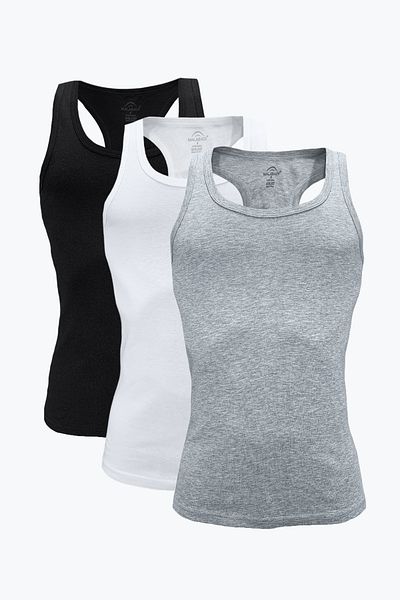 Malabadi Men's Black White Gray 3-Pack 100% Cotton Rib Sports Undershirt 3M039-E