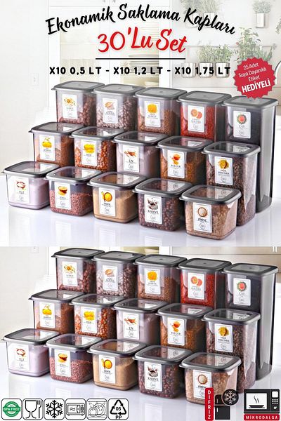 Nandy Home Set of 30 Anthracite Economical Unbreakable Storage Containers with Labels X10 - 1,75/1,2/0,5 Lt
