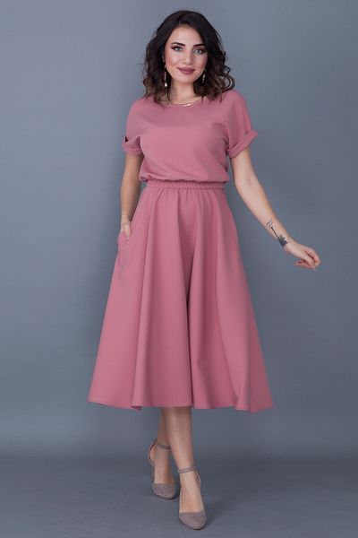bayansepeti Stretchy Dusty Rose Atlas - Midi Length, Elastic Waist, Pocket Short Sleeve Evening Dress 222