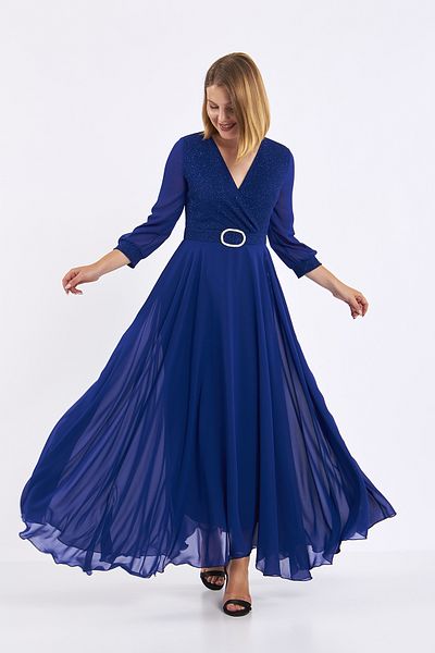 Moda Tuğram Saks Blue Asymmetric Cut Glittery Maxi Evening Dress