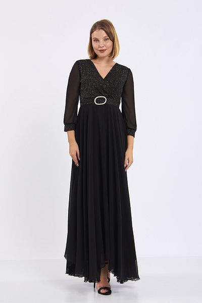 Moda Tuğram Μαύρο χρυσό ασύμμετρο κομμένο γκλίτερ μάξι βραδινό φόρεμα