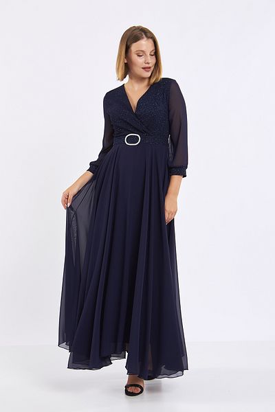 Moda Tuğram Navy Blue Asymmetrical Cut Glittery Maxi Evening Dress