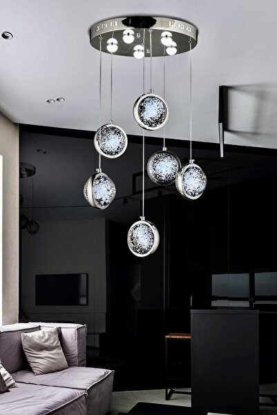 burenze Luxury Exclusive Modern Sarkıt Avize Altılı Krom Gövde Cold White Bey...