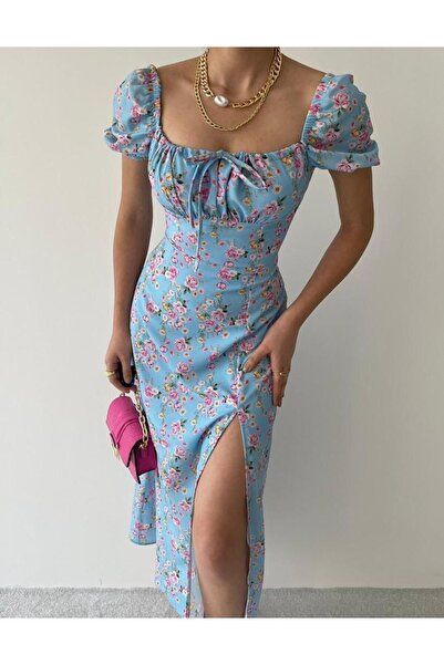 Laluvia Blue Floral Patterned Slit Dress